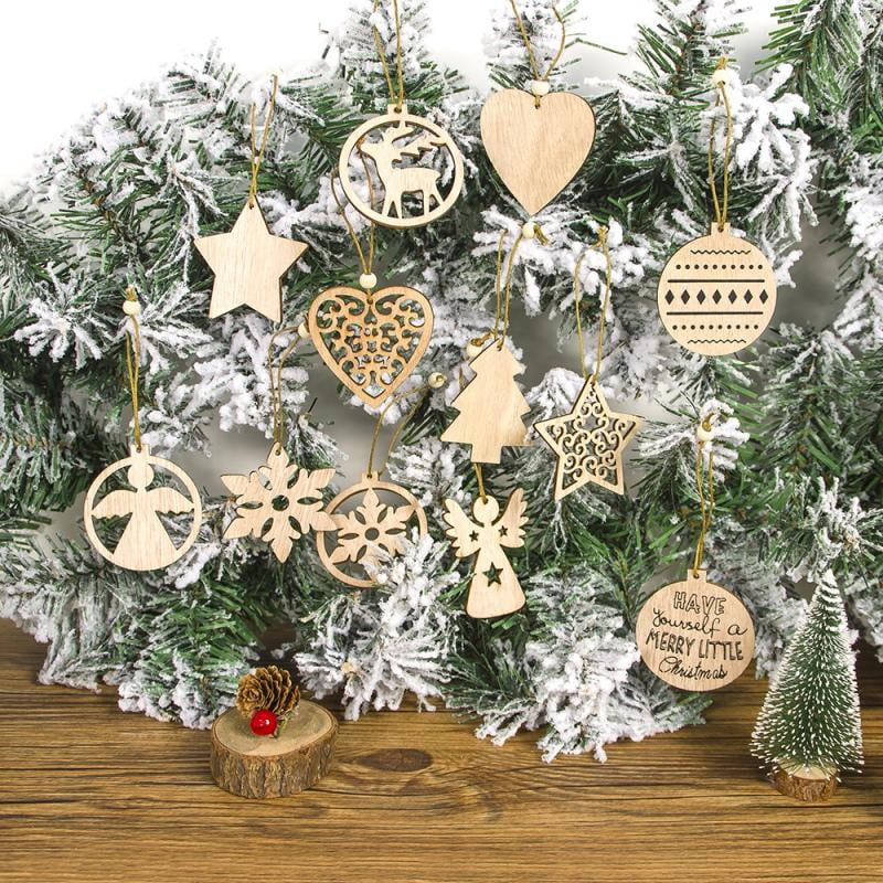12 Pcs Wooden Christmas Hanging Pendants Ornaments Xmas Tree Wooden Slices-Craft 