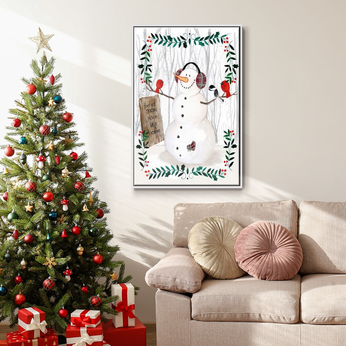 Folk Snowman Forest II - Framed Gallery Wrapped Holiday Canvas - 25 x 37 - White Frame
