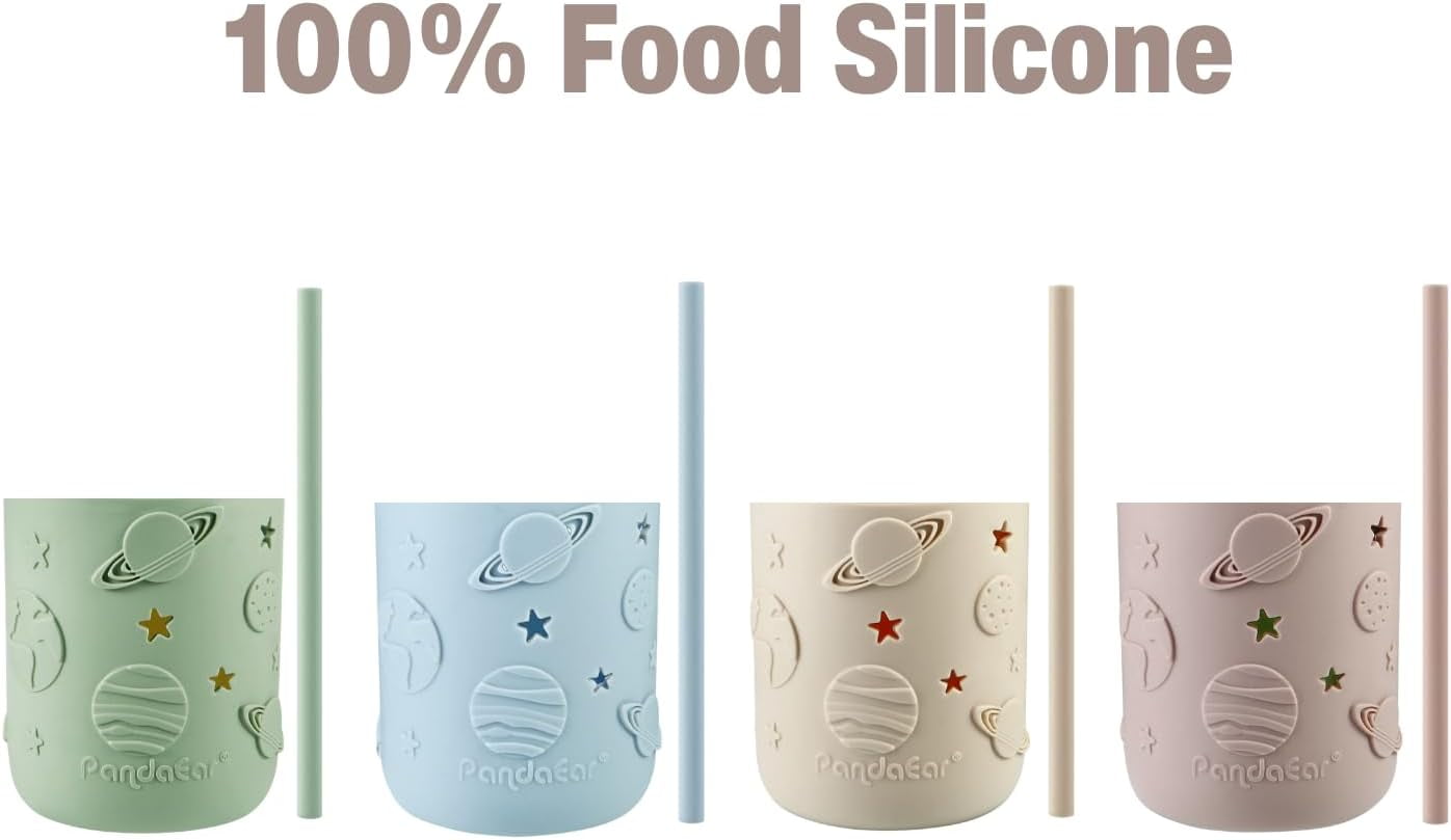 PandaEar 4 Pack Kids & Toddler Glass Cups, Glass Mason Jar Cups 8.45 oz with Silicone Sleeves & Straws, Toddler Spill-Proof Smoothie Cups