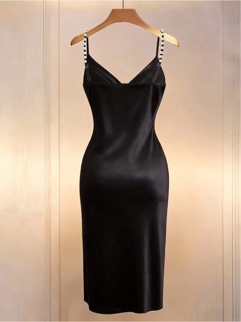 black satin ruched bodycon dress With Pearl-Embellished Spaghetti Straps, Crossover Neckline, Waist And Side Slit Size:15.5/34 or pair with statement 25SPR Adrianna Papell Floral Beaded