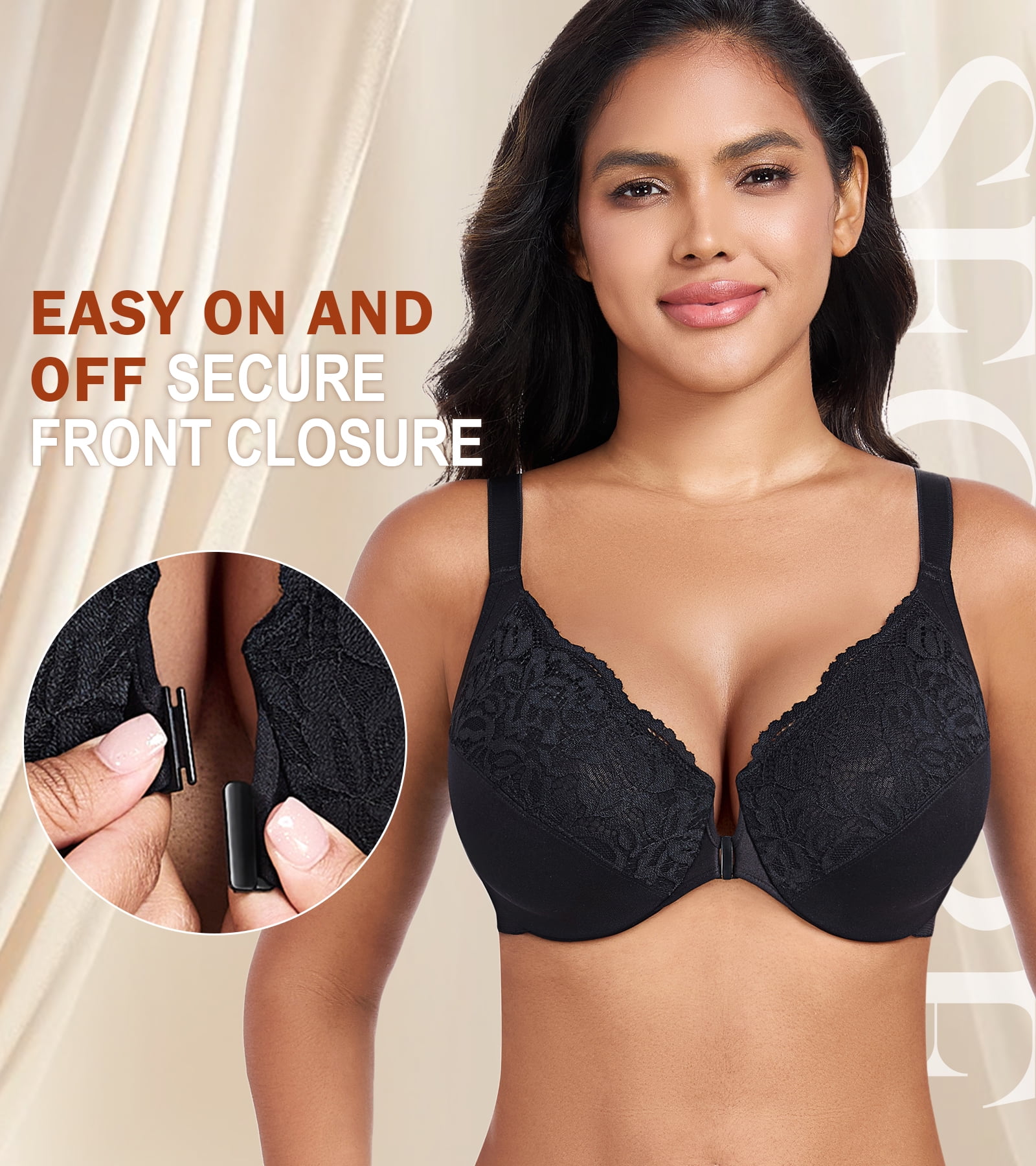 Exerin Women's Front Closure Non Padded Underwire Plus Size Posture Back Support Bra(40C,Black)