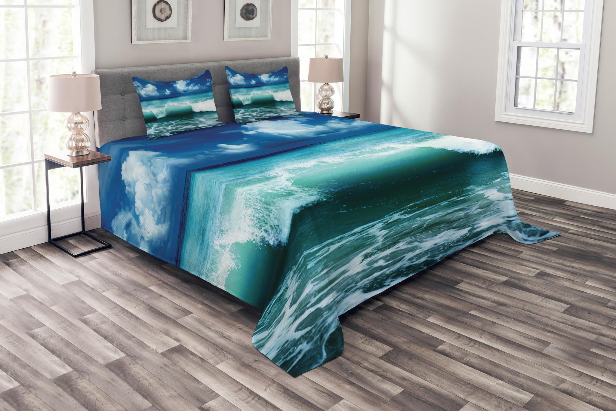 Surfer on Wavy Sea Print Hawaiian Quilted Coverlet & Pillow Shams Set 