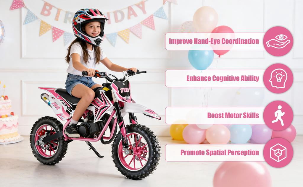 Korogimeeet Gas Powered Pink Mini Dirt Bike 49cc 2-Stroke, Hand-Pull Start, 10 Inch Off-Road Tires, Dual Disc Brakes, Infinitely Variable, 30KM/H Max Speed, 150kg, 47 x 28 Inch