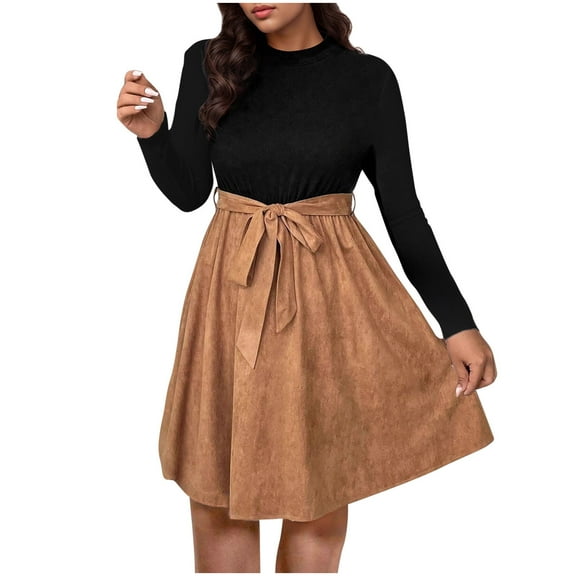 Efsteb Fall Fashion Plus Size Long Sleeve Dress for Women Elegant Patchwork Swing A-Line Wedding Guest Casual Mini Dresses (Coffee,XXL)