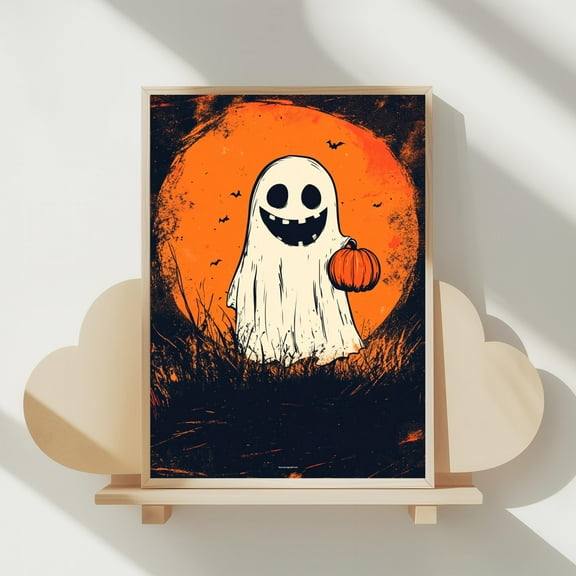 WestConfe Cute Smiling Ghost Poster, Whimsical Spooky Art, Halloween Wall Decor, Seasonal Gift Idea