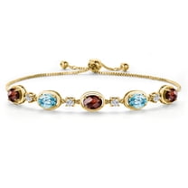 18K Yellow Gold Plated Silver Red Garnet and Blue Zircon and Lab Grown Diamond Bracelet for Women | 5.90 Cttw | Gemstone January Birthstone | Oval Checkerboard 7X5MM | Fully Adjustable 9 inch