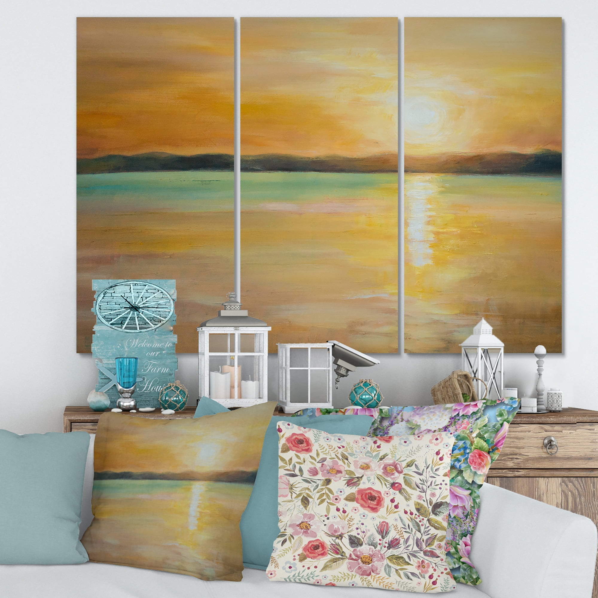 Designart ' Abstract Yellow Sunset At The Horizon ' Nautical & Coastal Canvas Wall Art Print