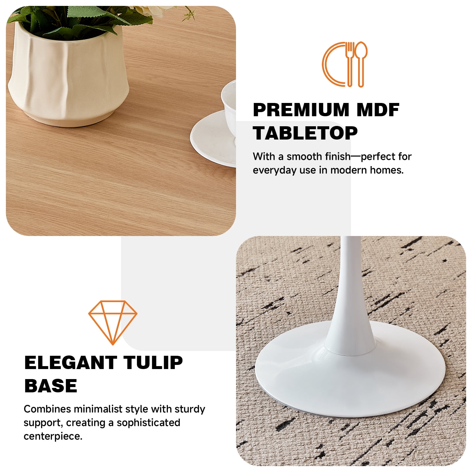 23.6" Round Dining Table for 2-4 Modern Circle Tulip Table with Metal White Tulip Pedestal Base for Kitchen Dining Living Room Apartment Small Space Cafe, Natural