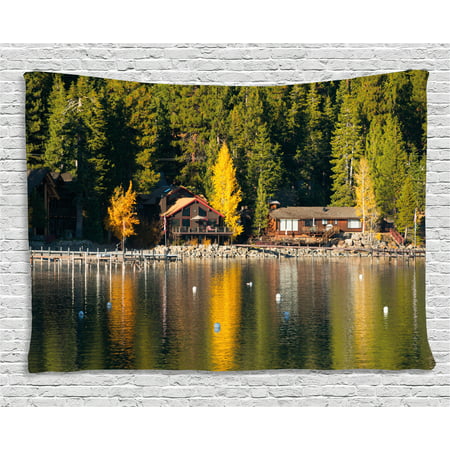 Lake Tahoe Tapestry, Carnelian Bay Photography Log Cabin in the Woods Holiday Destination Lakeside, Wall Hanging for Bedroom Living Room Dorm Decor, 60W X 40L Inches, Multicolor, by