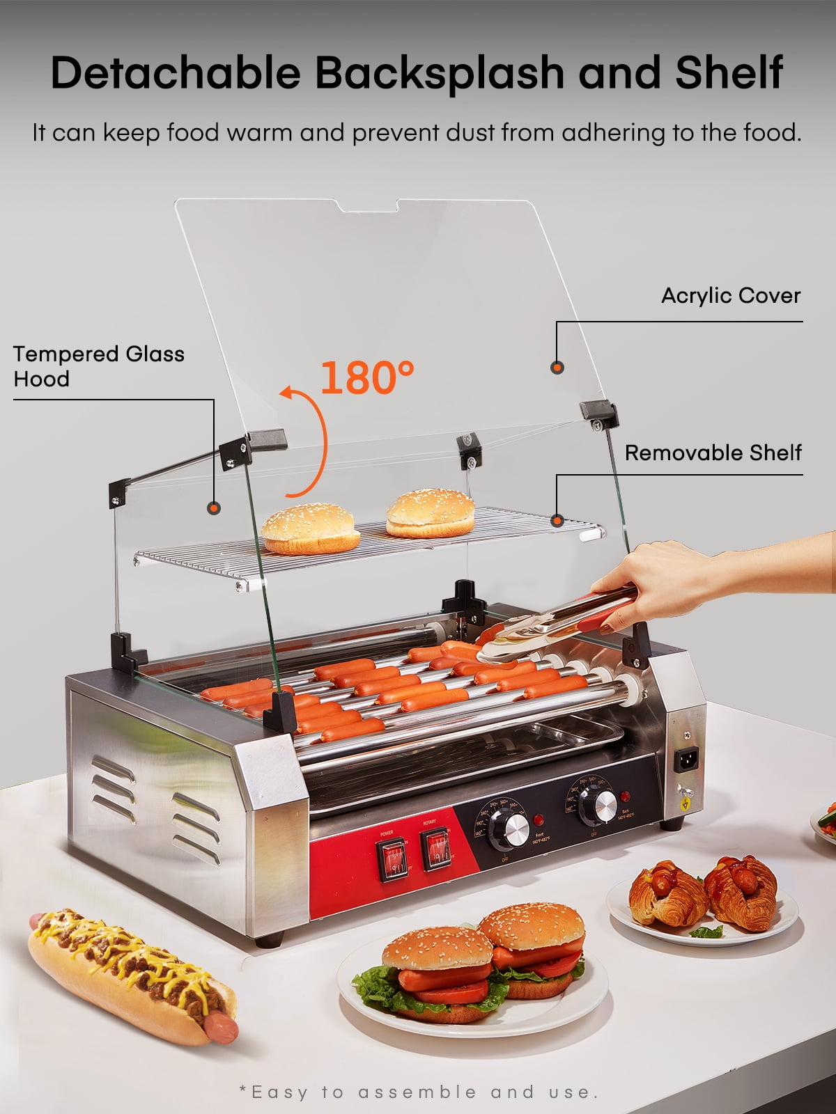 FOHERE Electric Hot Dog Roller, 18-24 Hot Hogs, 7 Roller Grill Cooker Machine Backsplash & Shelf 1050W