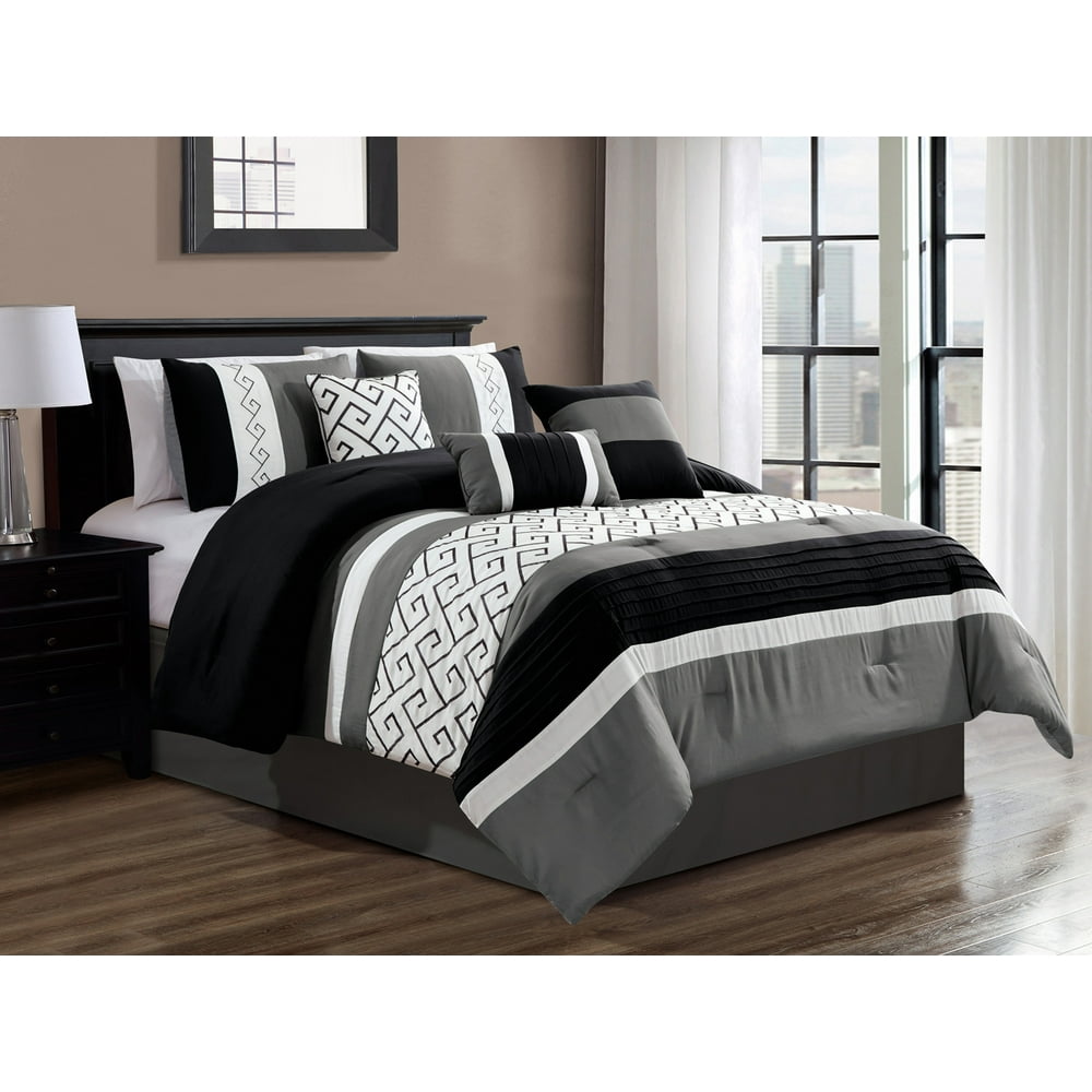 7Pc Keaton Greek Key Meander Embroidery Pleated Stripe Grate Comforter