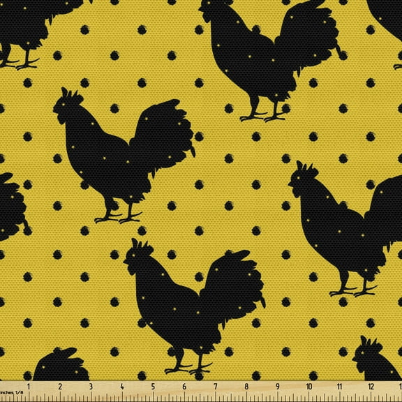 Ambesonne Rooster Fabric by the Yard Upholstery, Silhouettes on Polka Dots, 2 Yards, Yellow Charcoal Grey