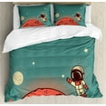 thumbnail image 1 of Space King Size Duvet Cover Set, Cosmic Background with Cute Doodle Cosmonaut Floating Planetary Landscape, Decorative 3 Piece Bedding Set with 2 Pillow Shams, Coral Turquoise Ivory, by Ambesonne, 1 of 3