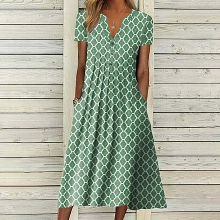 Tagold Summer Dresses for Women 2022, Fashion Women Summer Printing Causal V-Neck Button Short Sleeve Vacation Pockets Dress Green S