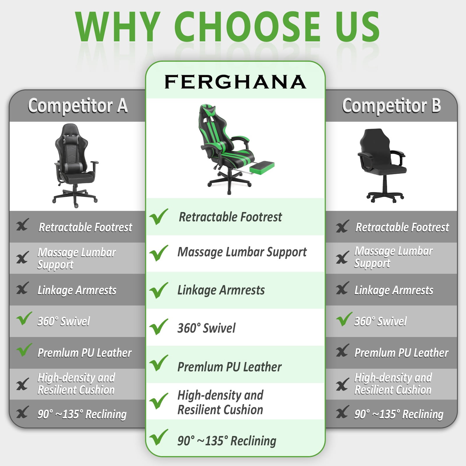 Ferghana Green Gaming Chair with Footrest, High Back Office Chair with Massage Lumbar Pillow, Swivel Game Gamer Chairs for Adults Kids, Ergonomic Computer Chair, Green