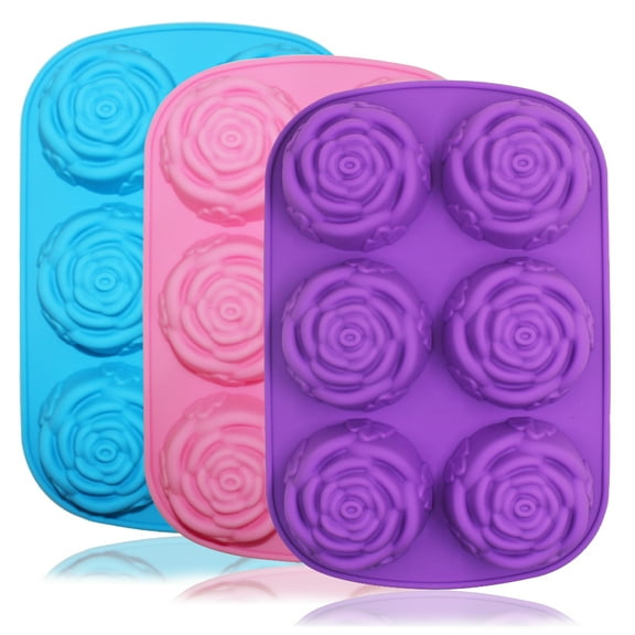 Large Rose Flower Silicone Tray for Cake Bread Pudding Chocolate Muffin Soap, SENHAI 6-Cavity 3D Ice Cube Handmade Molds- Purple & Blue & Pink