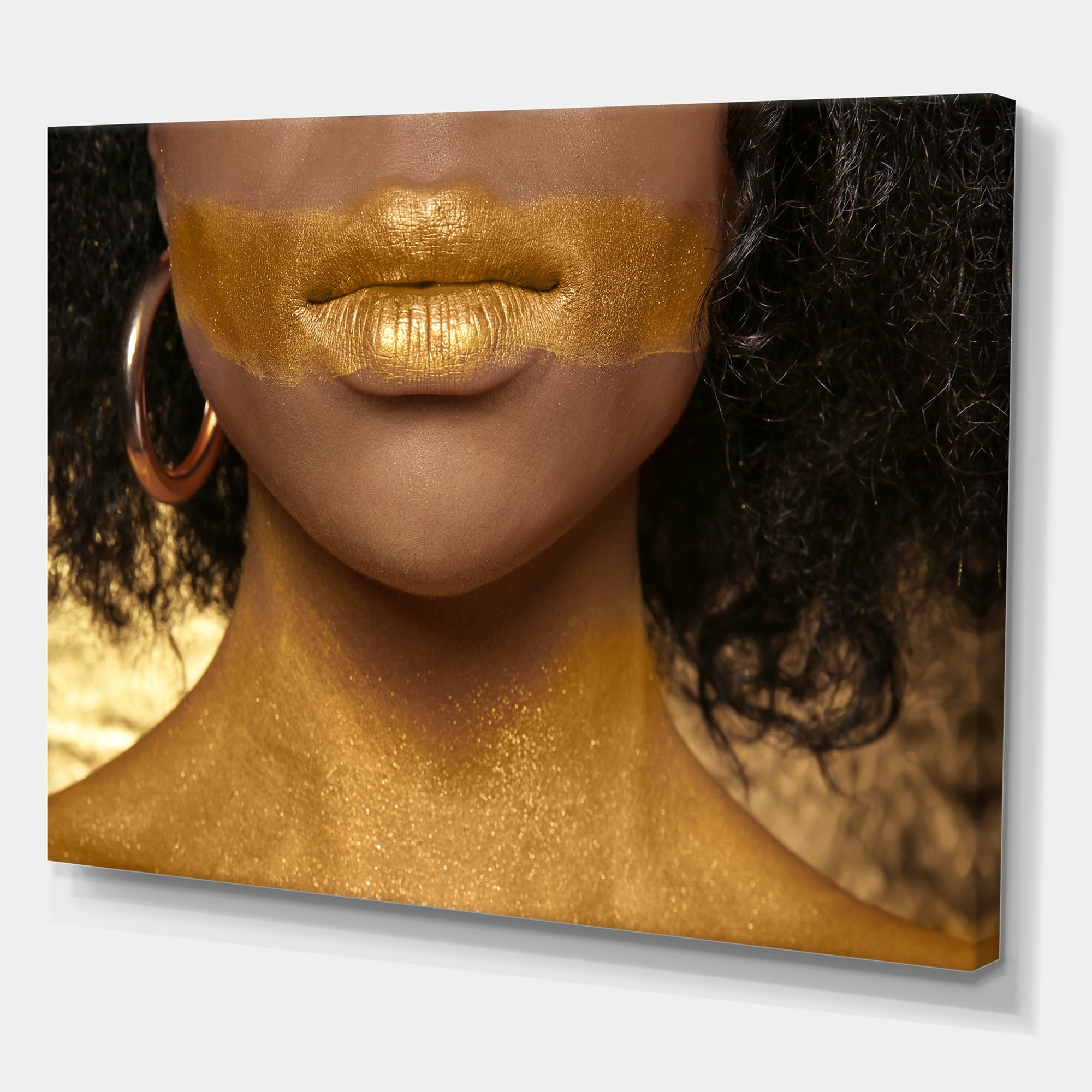 Designart ' Afro American Girl With Golden Paint on Body ' Modern Canvas Wall Art Print