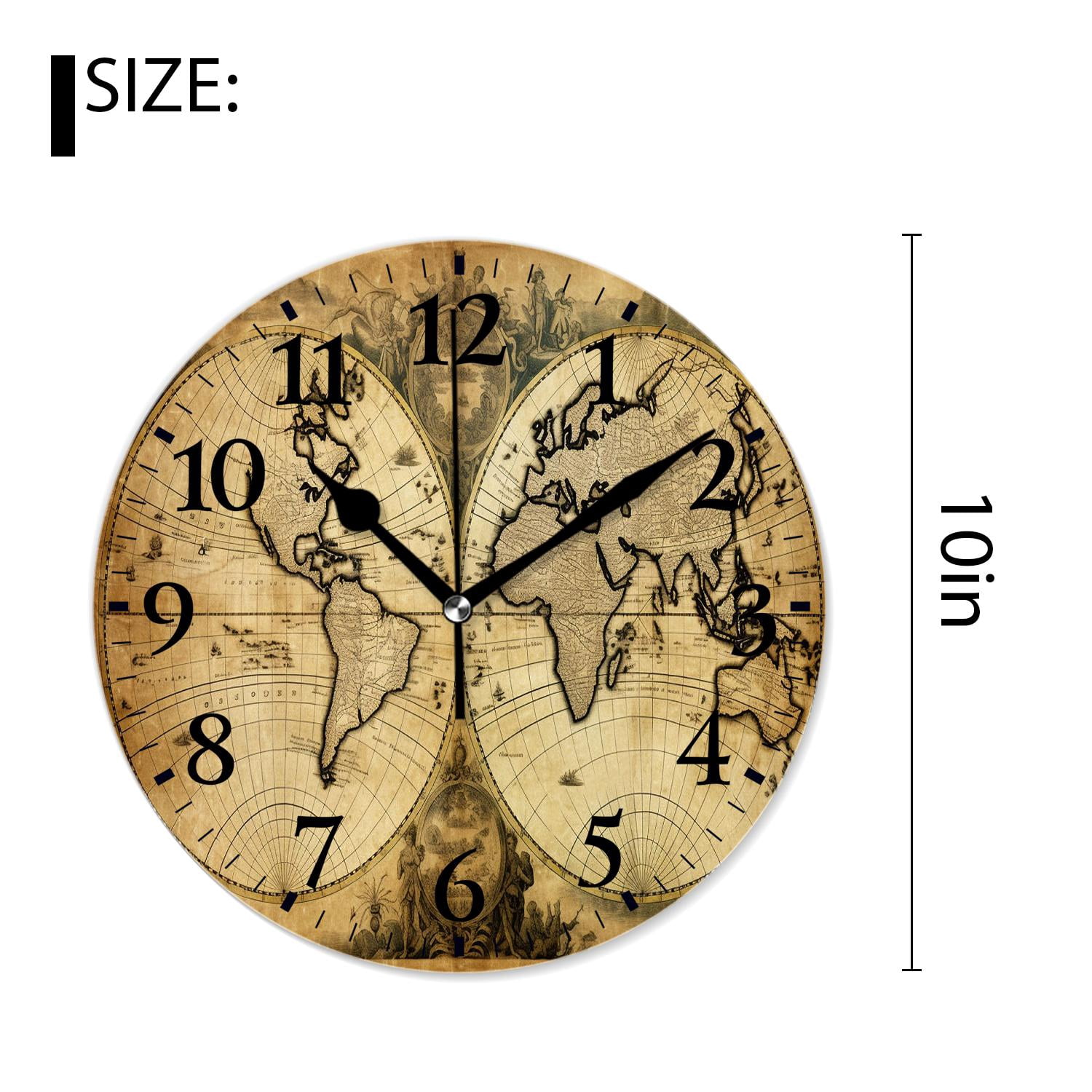 10 Inch Wall Clock Battery Operated Silent Clock Decorative for Office, Kitchen, Outdoor, Living RoomRetro World Map