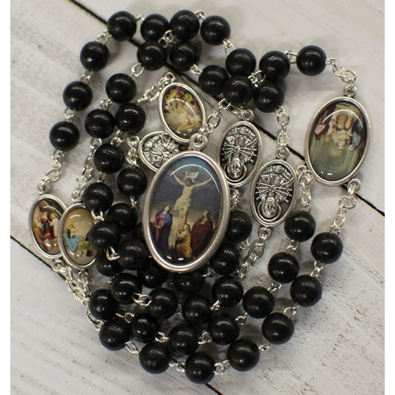 Deluxe Our Lady of Sorrows Rosary Chaplet with Full Color Images and Black Wood Beads