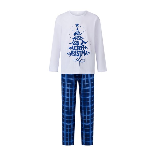 Conjunto de pijamas navideños familiares a juego con estampado de árbol de letras. Pijamas de vacaciones a cuadros para papá, mamá y niños.