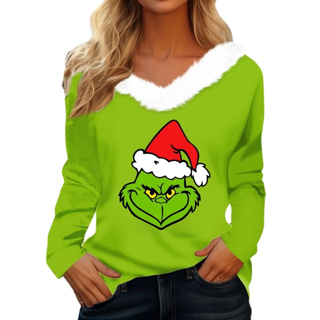 Women's Christmas Long Sleeve V-Neck T-Shirt Floral Pattern Polyester Blend Junior Fall Polyester Blend Junior Fall Winter Tee FN24749