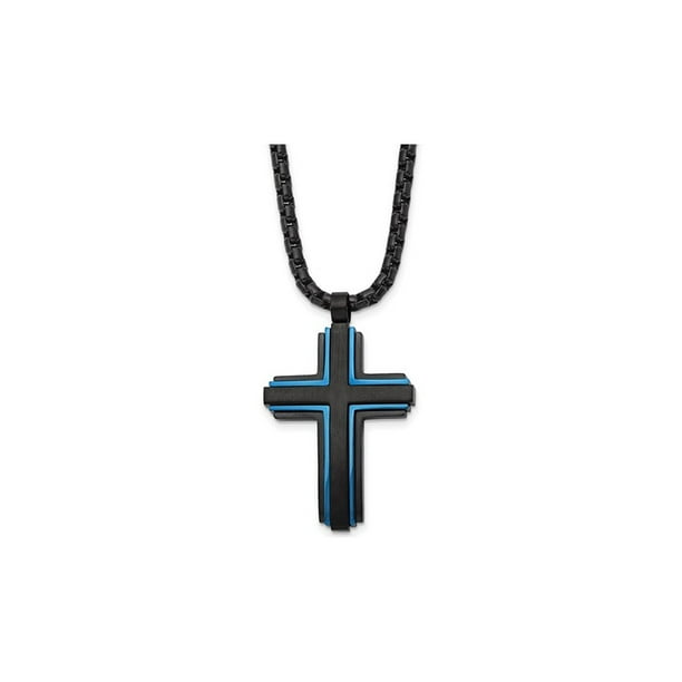 Gem And Harmony Mens Stainless Steel Blue and Black Cross Necklace