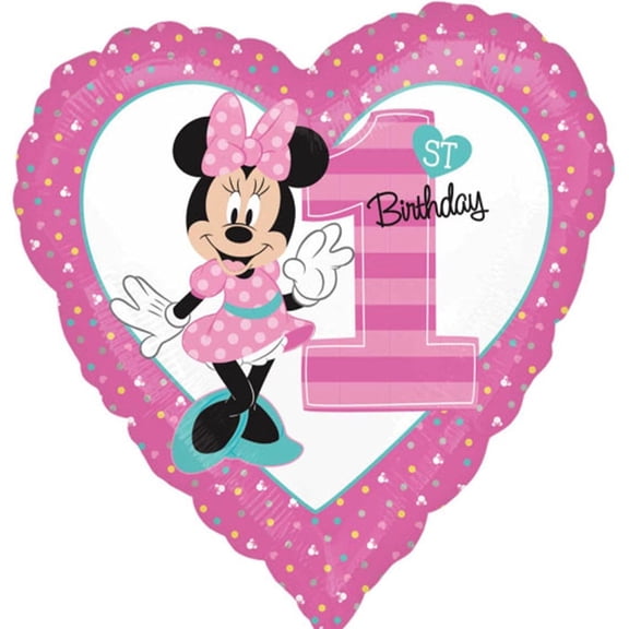 18" Minnie Mouse Heart Shape 1st Birthday Theme Foil / Mylar Balloon
