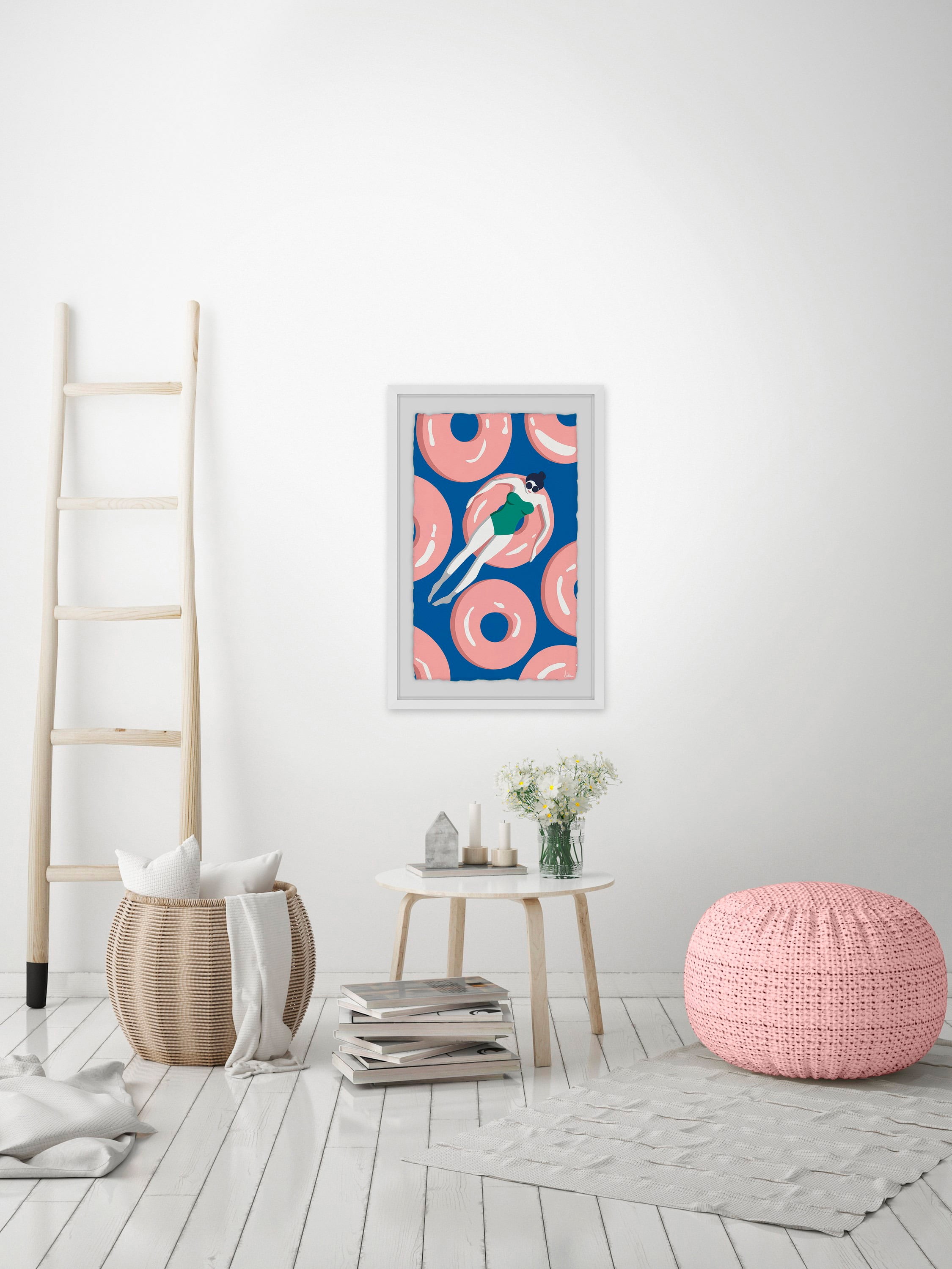 Floating Pink Donuts Framed Painting Print