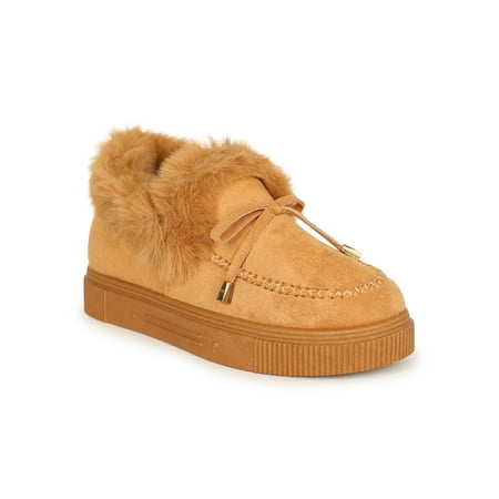 

Women s Loafer Booties Faux Fur Collar Plush Mocassin Bow Slip On Winter Indoor Outdoor Flatform Ridged Sole Comfort Slip On Ankle Bootie Loafer by HeartThentic 20602
