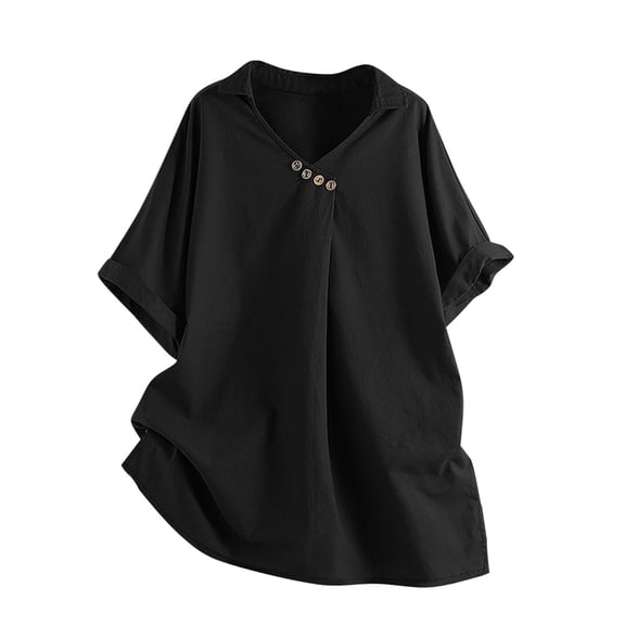 TODOZO Linen Shirts for Women Summer Tops for Women Linen Clothes for Women 2025 Womens Casual Button V Neck Short Sleeve Shirts Oversized Solid Cotton Linen Blouses Tops Ladies Tunics Tshirts