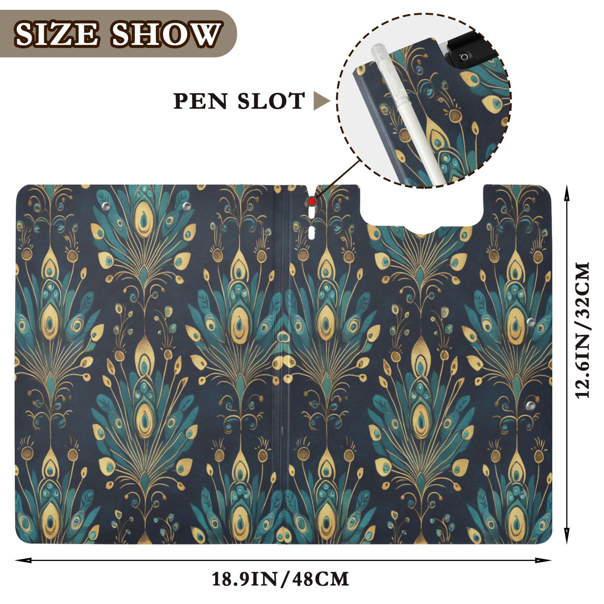 FORMRS A4 Clipboard Folder with Pen Holder Horizontal Foldable School Office Binder, Gold Peacock Pattern