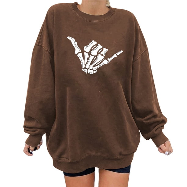 Blusa de manga larga suelta con cuello redondo y estampado de Halloween para mujer Pompotops FGAJ19501