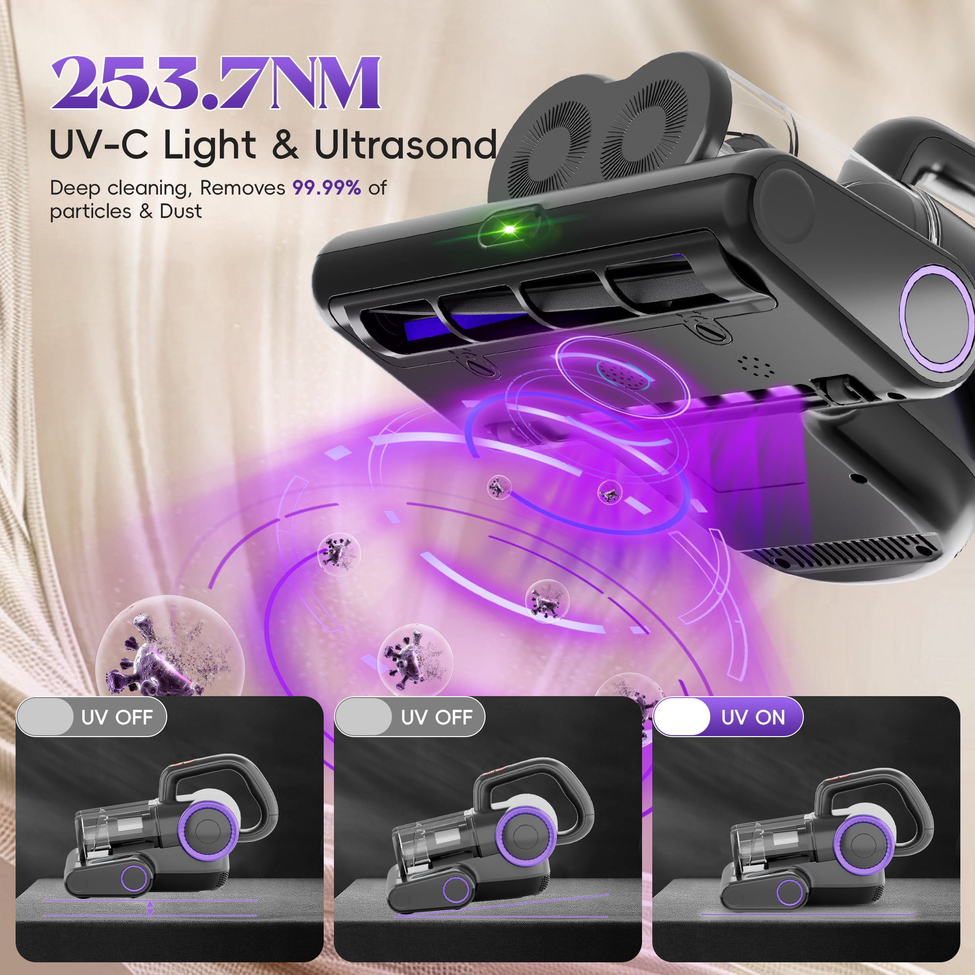 WHALLULTRA Mattress Vacuum Cleaner with 253.7nm UV-C Light, Bed Mattress Vacuum Cleaner , Hepa Filter & Ultrasonic, Handheld Vacuum Corded for Bed, Sofa, Couch, Crib