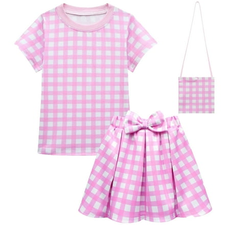 

Halloween Outfits For Infant Toddler Christmas Girls Pink Plaid Birthday Party Top Skirt Bag Clothes Sets Size 4-5 Years