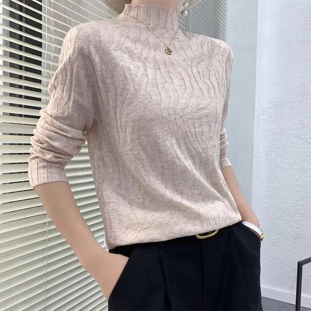 Femmes Automne et Hiver Mode Coréenne Col Montant Demi-Haut Tricot de Base Manches Longues Ajusté Chandail Tricoté Uni Chandail Hauts Ropa