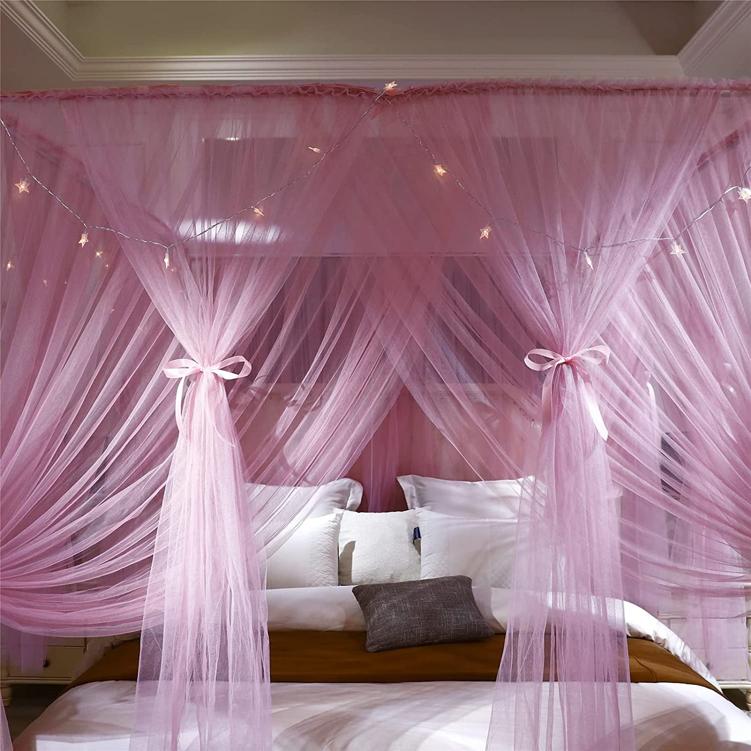 4 Corners Post Princess Bed Canopy Curtain Double Layer Cozy Drape Netting 4 Opening Mosquito Net for Girls & Adults Bedroom Decoration Accessories (Double Pink, 53" W*78" L*82"*H/(Full))