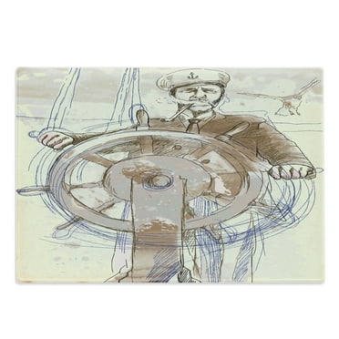 Nautical Cutting Board, Sea Captain the Leader Seaman Sketch Art Navigation Navy Classical Flying Bird, Decorative Tempered Glass Cutting and Serving Board, Large Size, Brown Cream, by Ambesonne