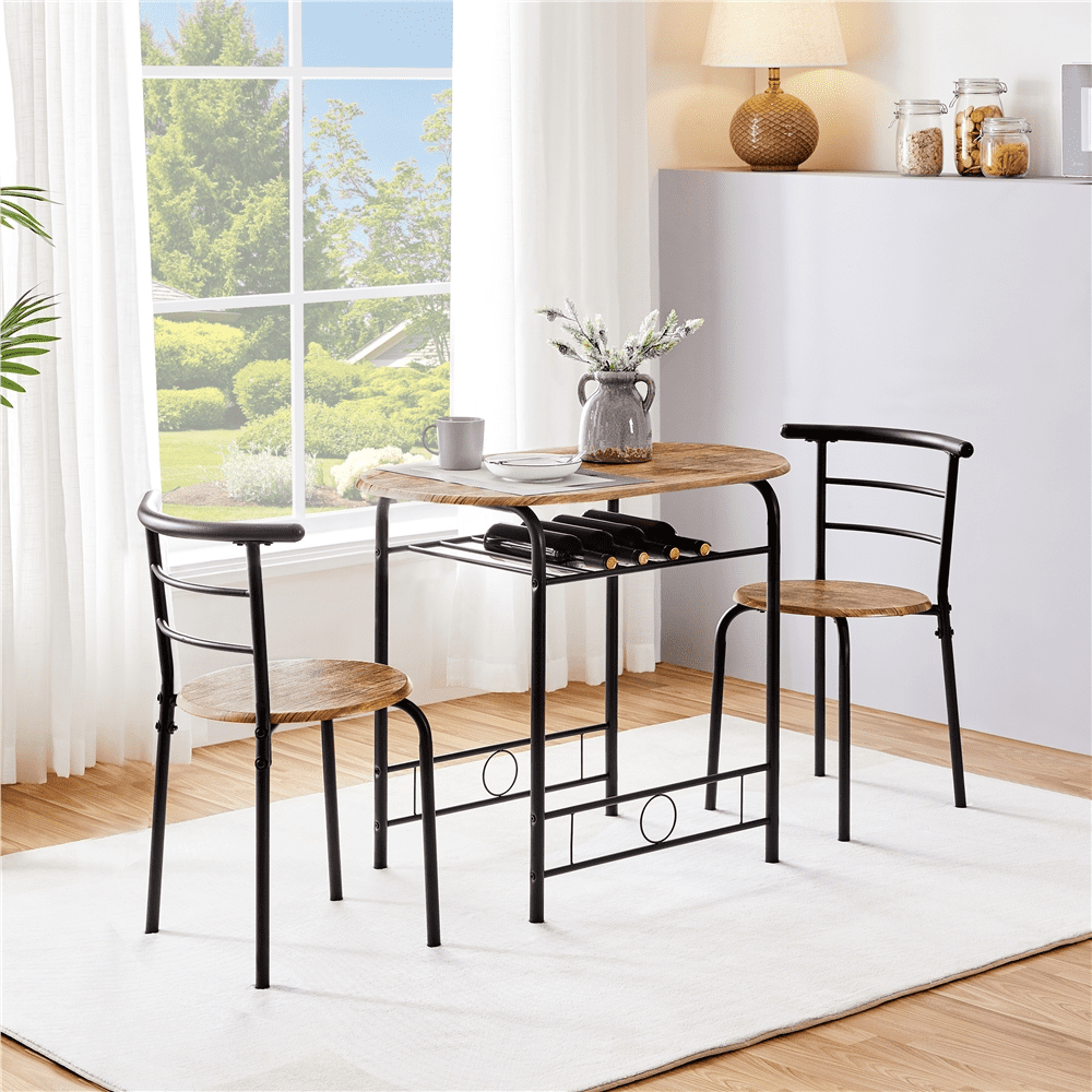 Fullfurnique Modern 3-piece Round Dining Table and 2 Chairs Set with Steel Legs, Brown