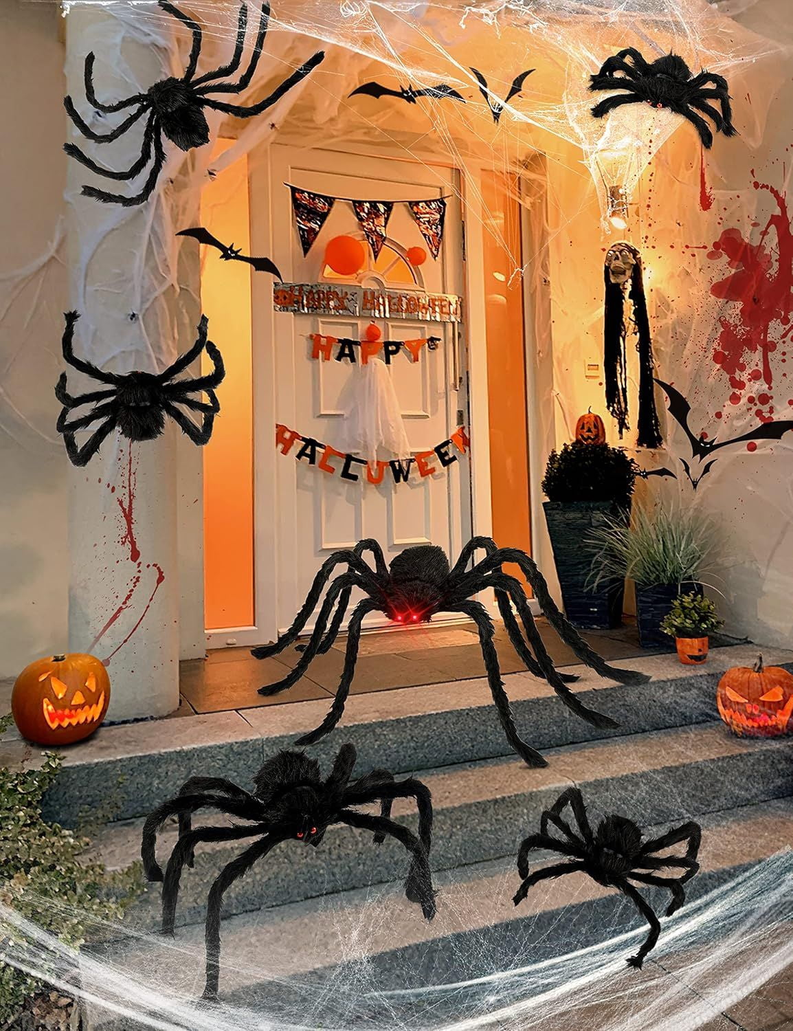 6 Pack Halloween Plush Spiders in Different Sizes for Outdoor and Indoor Decor