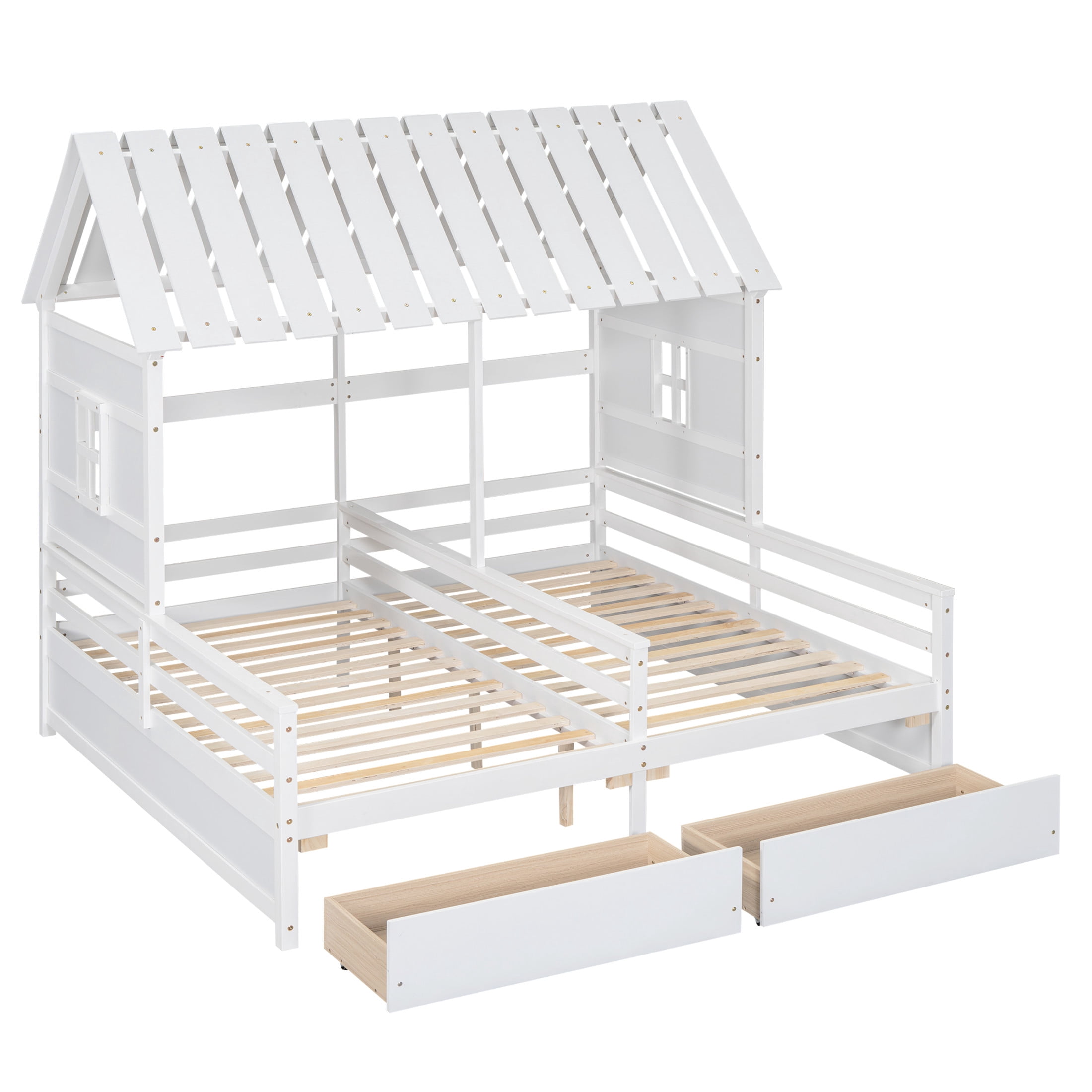 Noble House Junton Dual Twin Size House Platform Bed for Shared Rooms, 2 Side-by-Side Beds with Drawers, White