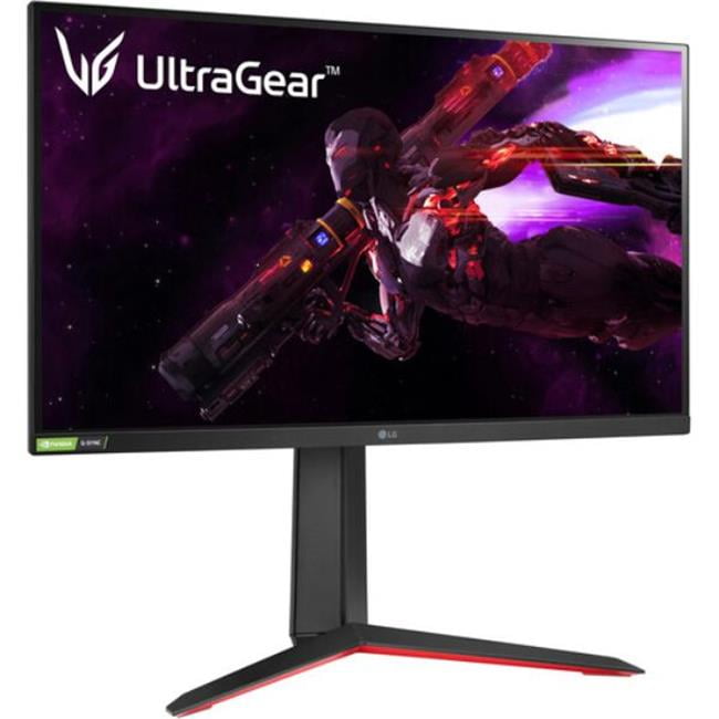 A black and red LG 27GP850-B 27-inch, 16-9 Ratio, 2560 x 1440 Resolution Adaptive-Sync QHD 165 Hz HDR IPS Gaming Monitor 