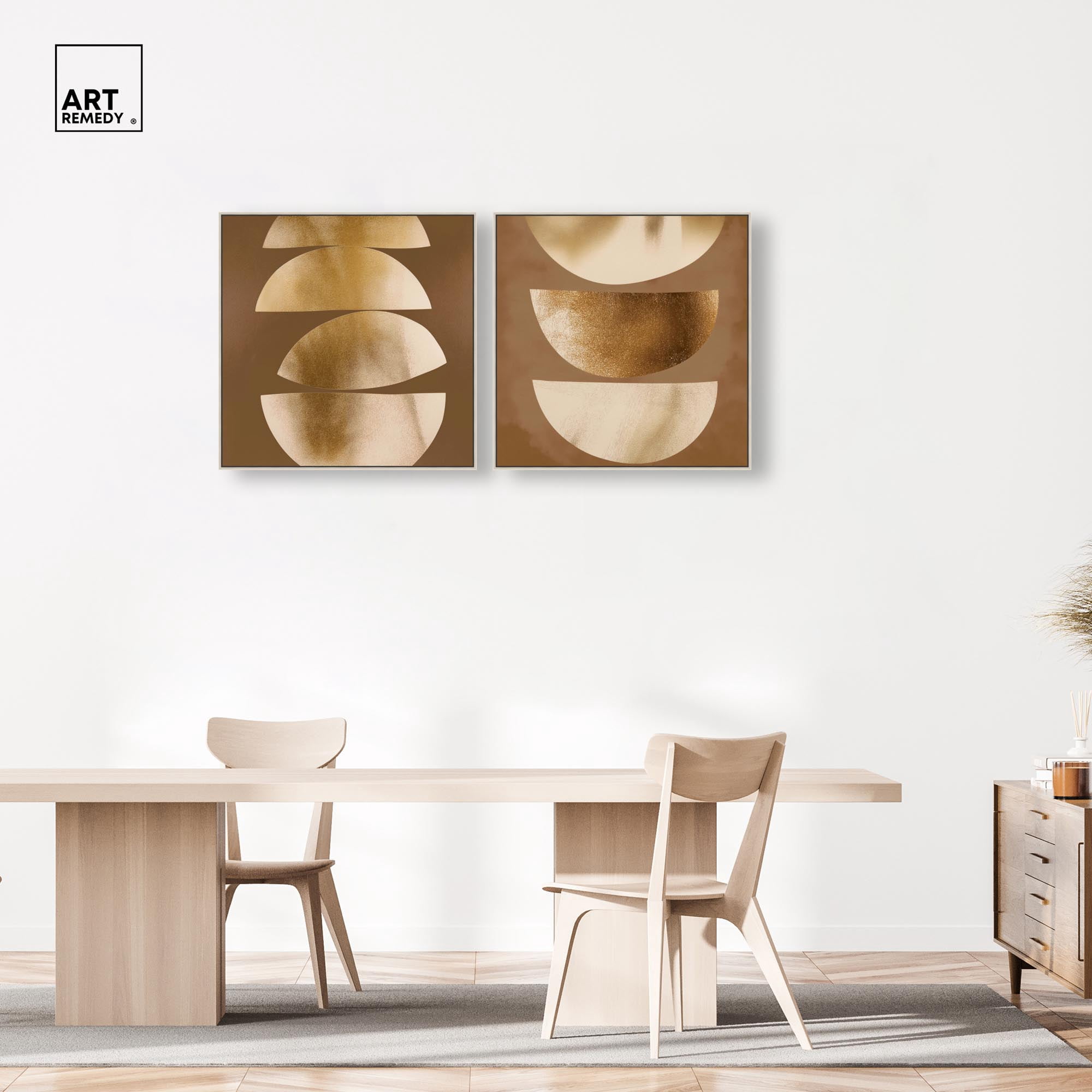 Gold Crescents Diptych Canvas Print Beige Wall Decor Set by Art Remedy, Silver Frame, 30 x 30
