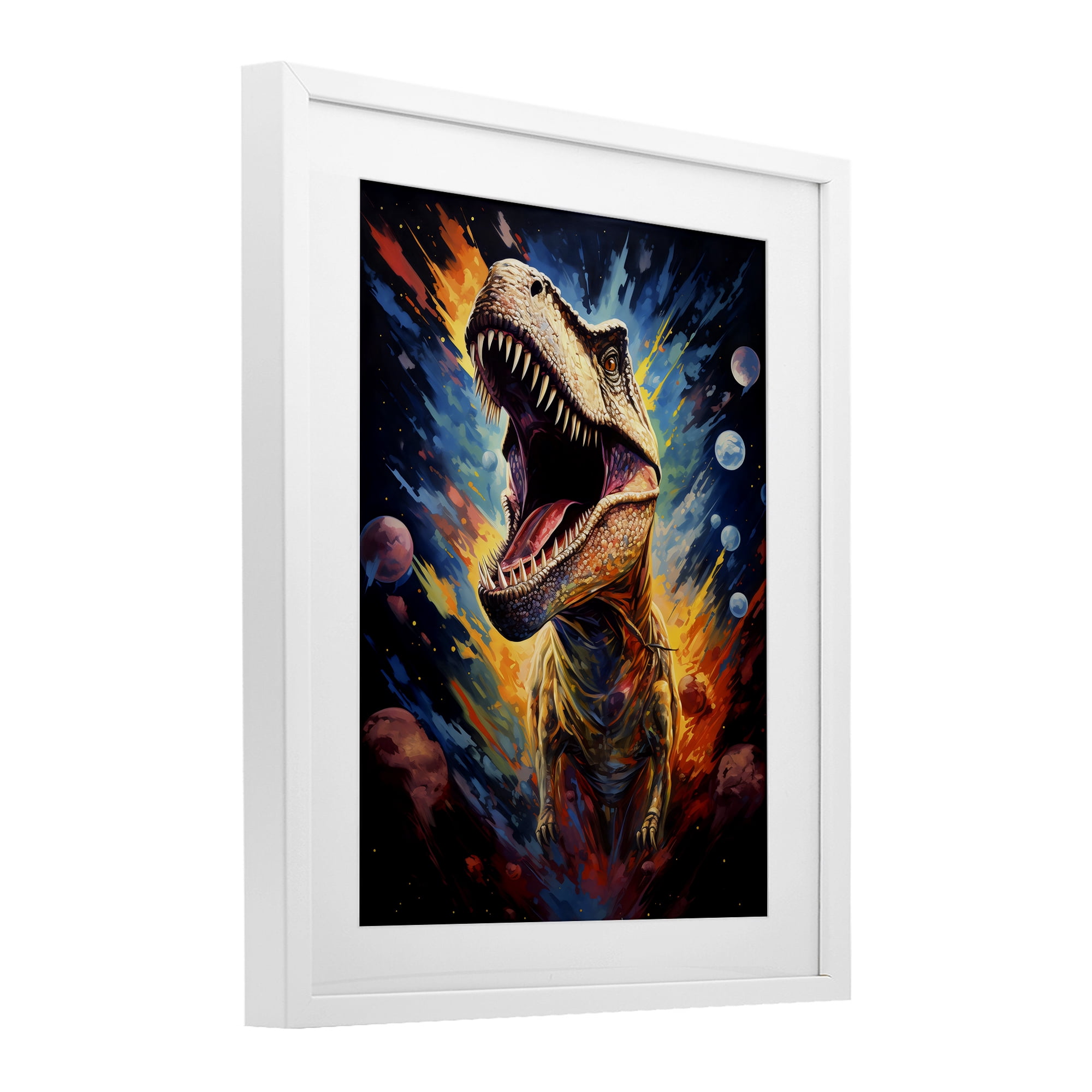 Stupell Industries Dinosaur with Planets White Framed Print Under Glass, design by Creative Studio
