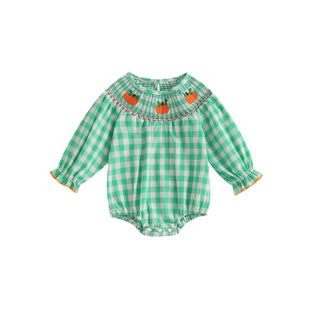 Pelele de bebé niña de manga larga con cuello redondo y bordado de calabaza. Conjunto para niña pequeña.