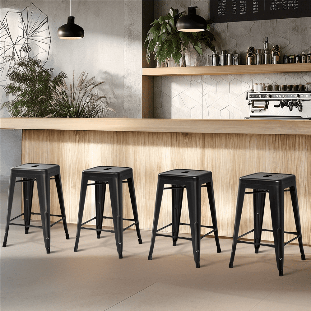 Alden Design 24" Stackable Metal Bar Stools Counter for Indoor/Outdoor, Set of 4, Black