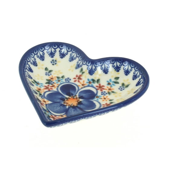 Blue Rose Polish Pottery Blue Dahlia Heart Dish