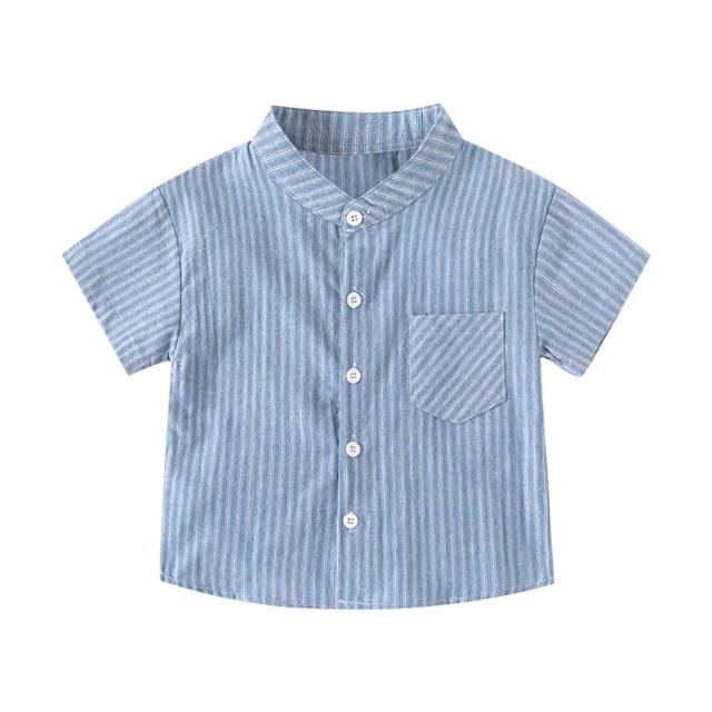 Chemise Rayée Imprimée pour Enfants, Manches Courtes Col Rond Haut Décontracté avec Boutons de Poche Coupe Ample Tissu Polyester Respirant pour Garçons et Filles 2-10 Ans