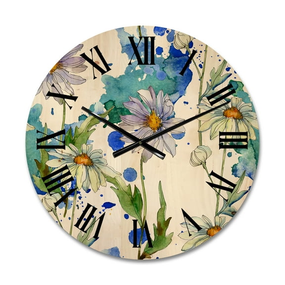 Designart 'Daisies With Green Leaves and Background' Traditional Wood Wall Clock