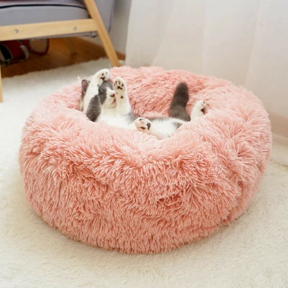 FlySheep Plush Donut Cat Cushion Bed Indoor Soft Faux Fur Dog Bed Warm for Winter No-Slip Bottom Self Warming Solid Fluffy Round Cuddler Machine Washable 