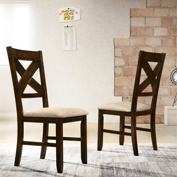 Of 2 Solid Wood Dining Chairs - Dark Hazelnut , Without Foam Cushioned Seats In Textured Tan Fabric 17"l X 18.5"w 39.5"h Chairs, Two Arm- Padded Upholstery